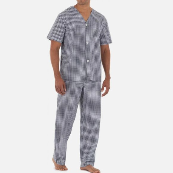 Fruit Of The Loom Pajama Pants Sets Mens 5XL Short Sleeve Blue Checked LOT OF 2 - Picture 1 of 13